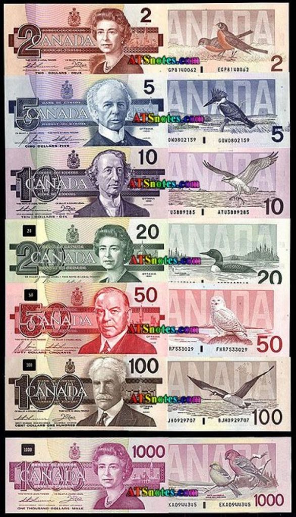 Các mệnh giá tiền Canada với các màu sắc và biểu tượng khác nhau