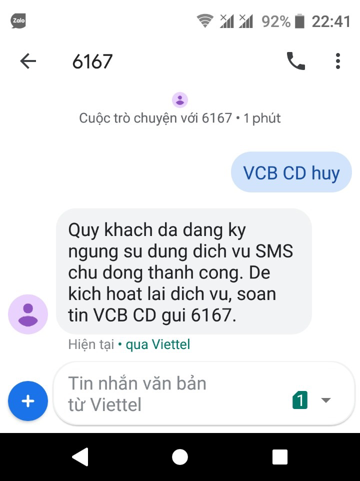 Đăng ký hủy SMS Banking Vietcombank